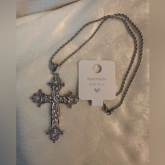Gothic Cross Charm Necklace Floral Design Big Punk Goth Silver Tone - Picture 11 of 11